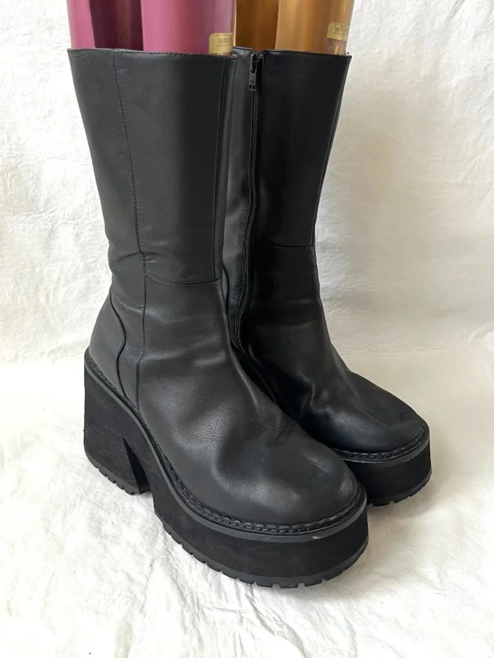 UNIF platform boots black leather womens 11 Parker chunky high heel mid calf zip